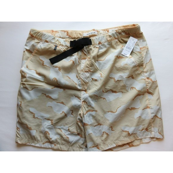 PacSun Camo Khaki Nylon Volley Shorts Size L Brown Belt Elastic Waist NWT $45 - Picture 1 of 5
